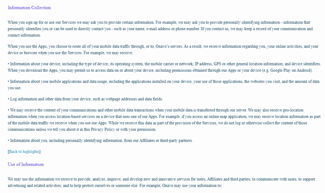 Onavo privacy policy