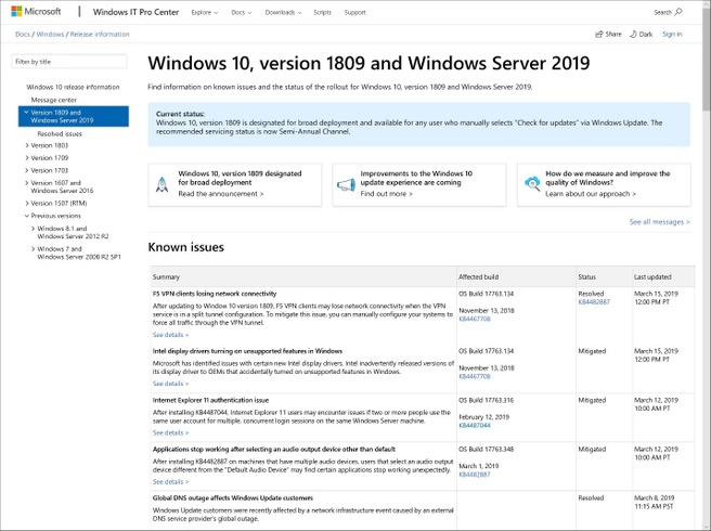 Windows 10 2019 Update Dashboard