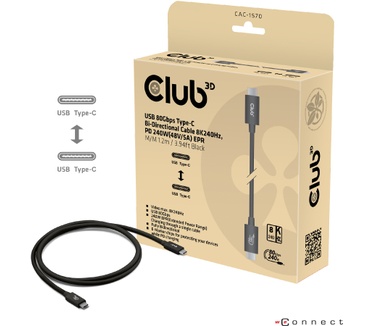 Club 3D USB-C 80Gbps Certified 240W 8k 240Hz kabel 1.2m Zwart