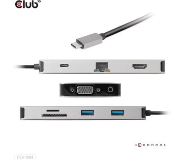 Club 3D USB Gen1 Type-C 9-in-1 hub with HDMI, VGA, 2x USB Gen1 Type-A, RJ45, SD/Micro SD card slots and USB Gen1 Type-C Female port