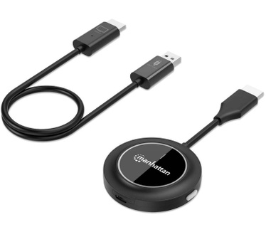 Manhattan Draadloze HDMI-presentatieset 1080p, 2-delige set met HDMI-ontvanger en HDMI-zender (dongle), voor draadloze videoweergave vanaf laptop, tablet of smartphone naar tv of HDMI-projector, zwart