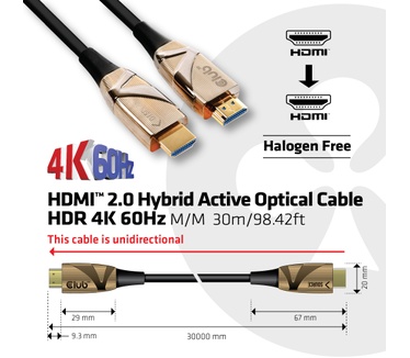 Club 3D HDMI 2.0 UHD Active Optical Kabel HDR 4K 60Hz M/M 30 meter (CAC-1390) Brons, Zwart