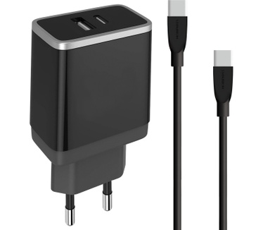 Mobiparts Wall Charger USB-A/USB-C 2.4A + USB-C to USB-C Cable Zwart