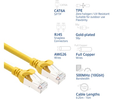 ACT Geel 3 meter TPE S/FTP CAT6A ultra-flex patchkabel snagless met RJ45 connectoren