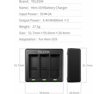 Telesin Telesin Triple Batterij Oplader met 2 batterijen voor GoPro 9 & GoPro 10