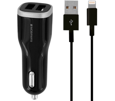 Mobiparts Car Charger Dual USB 2.4A + Lightning Cable Black