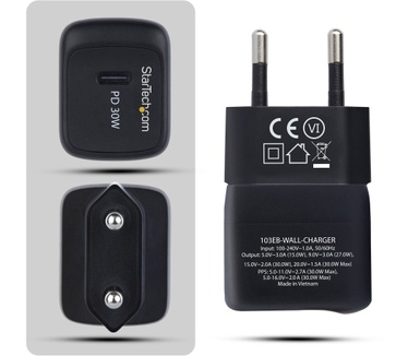 Startech.com 30W USB-C Wandlader, Draagbare GaN Lader met USB Power Delivery Fast Charging, GaN 5V/9V/15V/20V PD, USB-C Oplader, Zwart