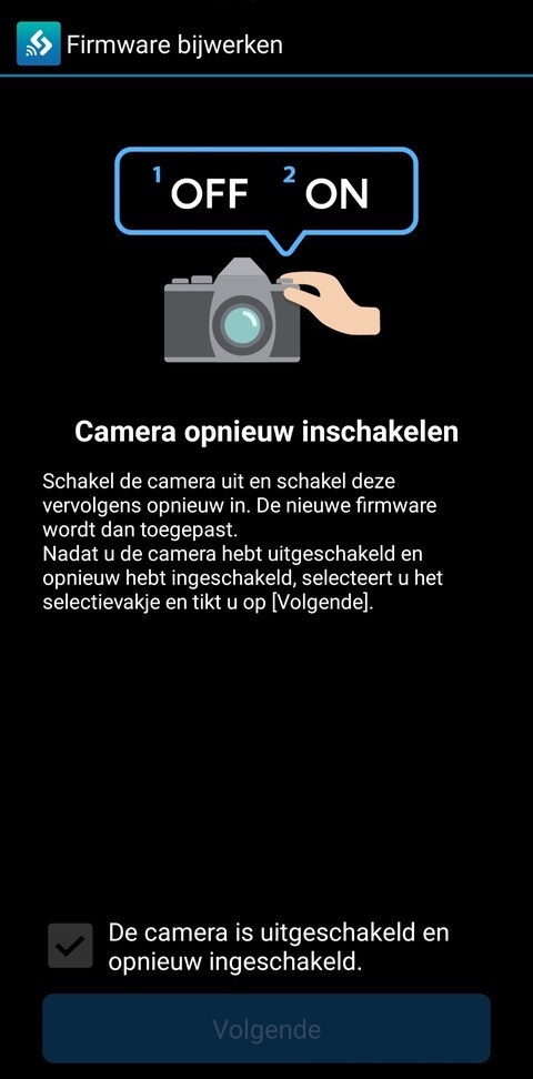 OI.Share app: OM-1 firmware update - stap 8 camera opnieuw inschakelen