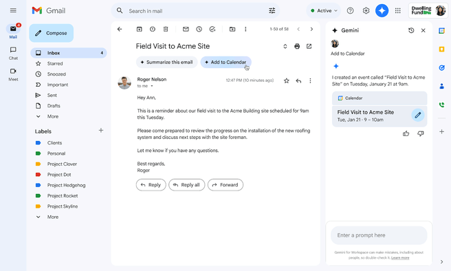 Gmail Gemini-functie die Calendar-events kan aanmaken op basis van inhoud van e-mail