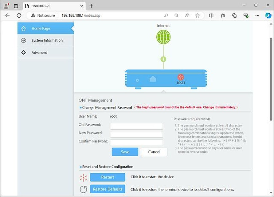 Huawei HN8010Ts-20 ONT - 1. Home Page [Ports clicked]
