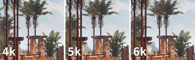 Detail van een game op 4k, 5k en 6k-resolutie (Native DLAA, geschaald)