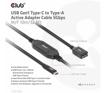 Club 3D USB Gen1 Type-C to Type-A Active Adapter Cable 5Gbps M/F 10m/32.8ft