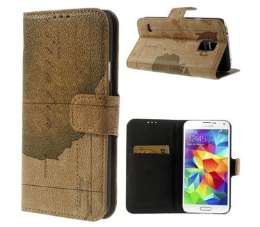 Merkloos Samsung Galaxy S5 (Neo) Stand Case Wereldkaart Design Bruin