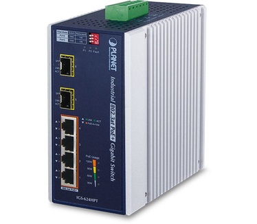 Planet IGS-624HPT Industriële Din-Rail 4-Poort Gigabit RJ45-2-poort SFP High Power POE Switch
