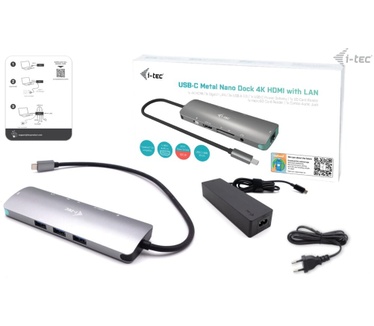 i-tec USB-C Metal Nano Docking Station 4K HDMI LAN with Power Delivery 100W + i-tec Universal Charger 100W