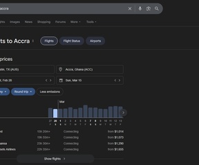 Google: vlucht naar Accra, zoekresultaat VS (feb 2026)