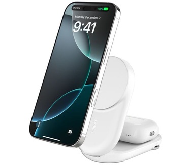 Belkin UltraCharge 2-in-1 Foldable Magnetic Charger, rond model, Wit