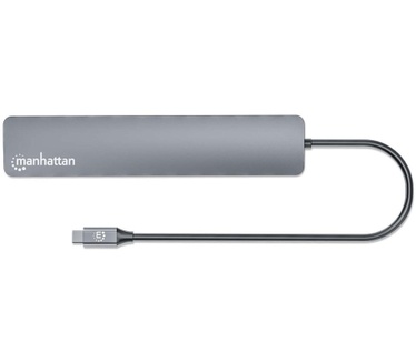 Manhattan USB-C dock/hub, poorten (7): USB-A (3×) en USB-C (4×), met Power Delivery (PD) 100 W - vereist een externe USB-C-lader (niet inbegrepen). USB-gevoed (geen externe voeding vereist) wanneer PD niet wordt gebruikt, aluminium