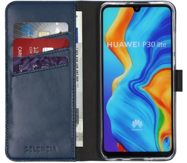 Selencia Echt Lederen Bookcase Huawei P30 Lite - Blauw
