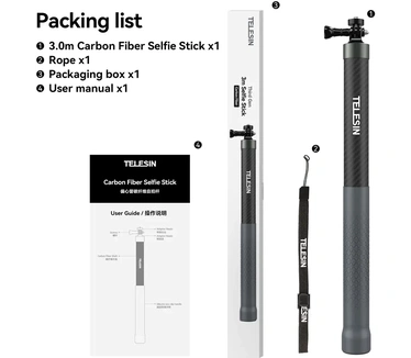Telesin 3 meter Premium Selfie Stick voor GoPro - Carbon