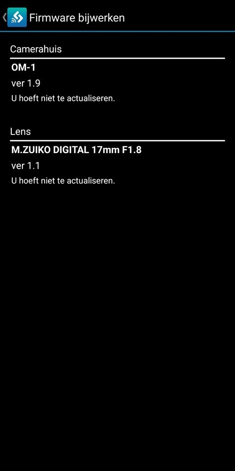 OI.Share app: firmware bijwerken scherm na controleren op update