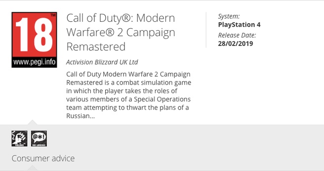 CoD: MW2 remaster campaign pegi