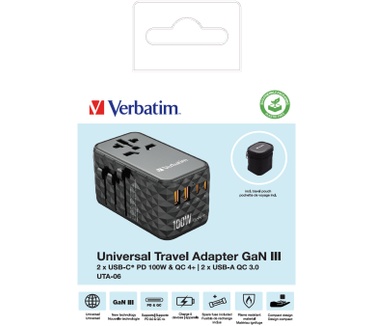 Verbatim GaN III universele reisadapter UTA-06 Met 2 x USB-C PD & QC 4+ & 2 x USB-A QC 3.0 poorten