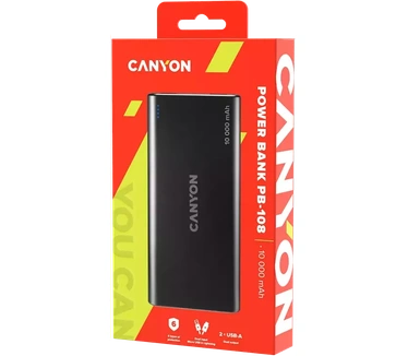 Canyon PB-108. Capaciteit van de accu/batterij: 10000 mAh, Batterijtechnologie: Lithium-Polymeer (LiPo). USB A-uitvoerpoorten: 2. Output current: 2,1 A. Kleur van het product: Zwart