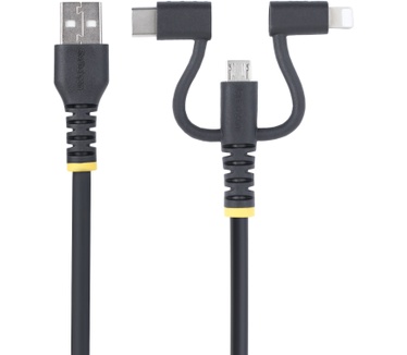 Startech.com 1m Robuuste USB Multi Oplaadkabel, USB naar Lightning/Micro-USB/Type-C, Apple MFi Gecertificeerd, Aramide Mantel, Universele 3-in-1 USB Laadkabel voor iPhone/iPad/Android