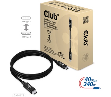 Club 3D USB4 Gen3x2 Type-C Bi-Directional Cable, 1M Zwart