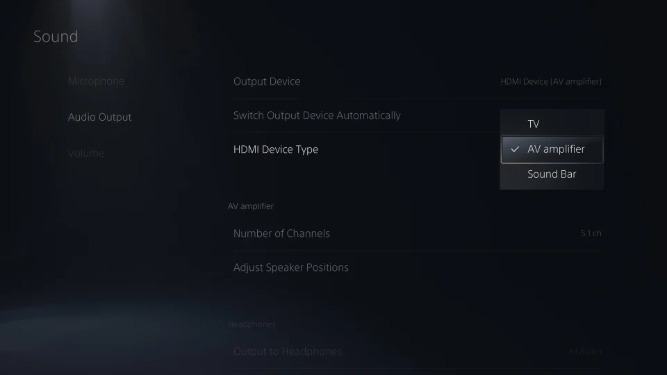PS5 - audio settings - HDMI Device Type