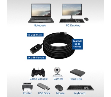 ACT AC6010 USB 2.0 Signal Booster Cable 10 meters Zwart
