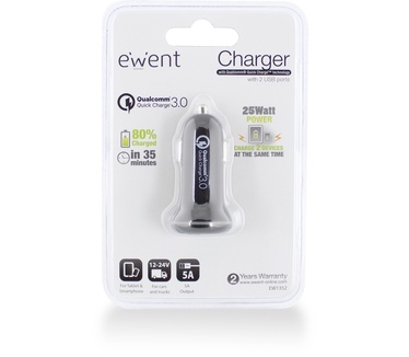 Ewent EW1352 2-Poorts USB Autolader 5A met Quick Charge 3.0