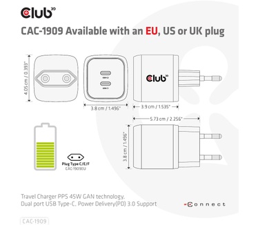 Club 3D Travel Charger PPS 45W GAN technology, Dual port USB Type-C, Power Delivery(PD) 3.0 Support
