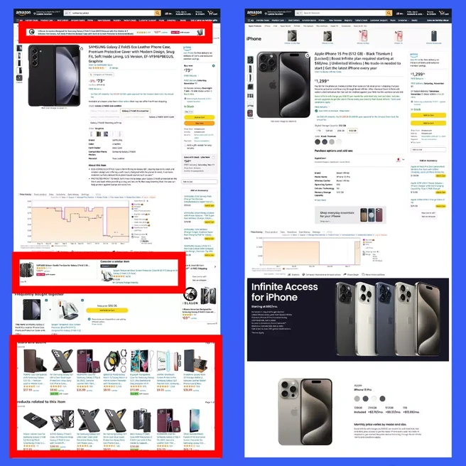 Productpagina Samsung-smartphone vergeleken met productpagina Apple-smartphone op Amazon.com