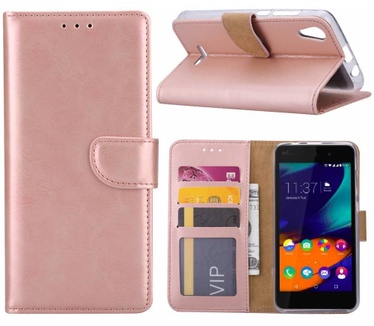 Luxe Lederen Bookcase hoesje voor de Wiko Lenny4 - Metallic Roze (Wiko Lenny 4) Rosé Goud