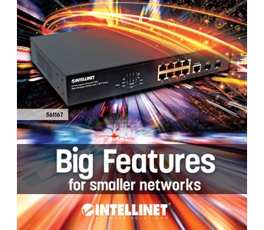 Intellinet 8-Port Gigabit Ethernet PoE+ Web-Managed Switch with 2 SFP Ports, IEEE 802.3at/af Power over Ethernet (PoE+/PoE) Compliant, 140 W, Endspan, Desktop, 19" Rackmount (Euro 2-pin plug)