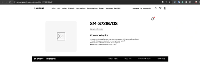 Webpagina Samsung Frankrijk met vermelding SM-S721B/DS