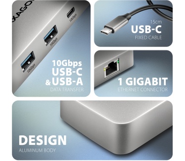 Axagon HUB USB HMC-CUB83X2, USB 10Gbps hub, 2x USB-A, USB-C, HDMI & DP 4k/144Hz, RJ-45 GLAN, PD 100W, kabel USB-C 15cm