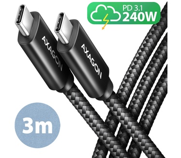 Axagon BUCM2-CM30AB Ladekabel USB-C zu USB-C 2.0, 3 m, PD 240 W 5 A, ALU - Schwarz - 3 Meter langes USB-C zu USB-C Kabel - Daten- und Ladefähig