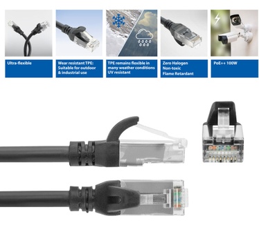 ACT Zwarte 1,5 meter TPE U/UTP CAT6A ultra-flex patchkabel snagless met RJ45 connectoren