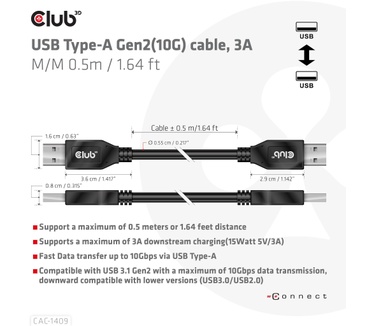 Club 3D USB Type-A Gen2(10G) cable, 3A M/M 0.5m / 1.64 ft