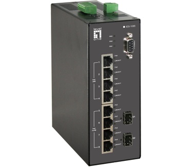 LevelOne 10-Port Industrial L2 Managed Fast Ethernet PoE Switch, 802.3at PoE+, DIN-Rail, 2 Ports Gigabit SFP, 8 PoE Outputs, -40°C to 75°C, 181.6W