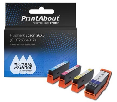 PrintAbout Huismerk Epson 26XL (T2636) Inktcartridge 4-kleuren Voordeelbundel Hoge capaciteit