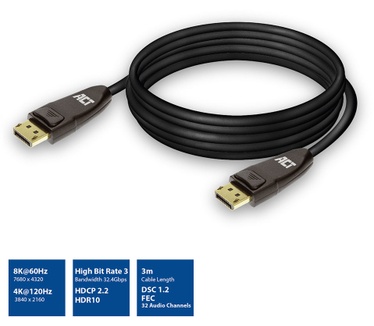 ACT AC4074 DisplayPort 1.4 cable 8K, 3m Zwart