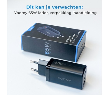 Voomy Oplader 65W - Snellader Iphone/Samsung & Macbook - Adapter 2 USB-C & 1 USB-A - Zwart