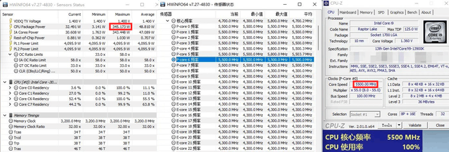 Tests van een qualification-sample van een Core i9-13900K met uitgeschakelde powerlimits. Om de allcore-turbo van 5,5GHz vast te houden, verbruikt de processor richting de 350W. Bron: @OneRaichu