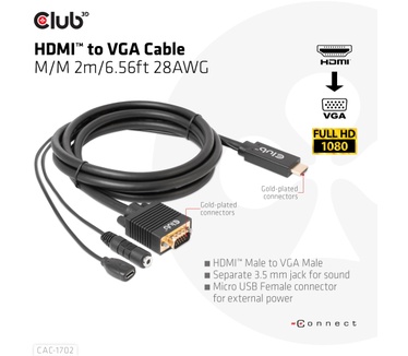 Club 3D HDMI to VGA Cable M/M 2m/6.56ft 28AWG