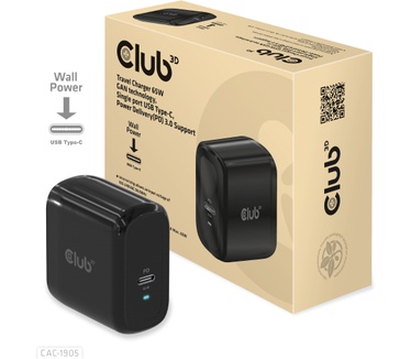 Club 3D Travel Charger 65W GAN technology, Single port USB Type-C, Power Delivery(PD) 3.0 Support ( geschikt voor Apple macbooks 65W max)