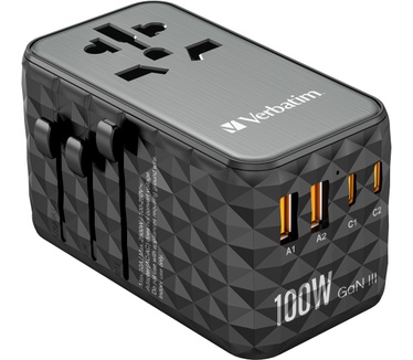 Verbatim GaN III universele reisadapter UTA-06 Met 2 x USB-C PD & QC 4+ & 2 x USB-A QC 3.0 poorten